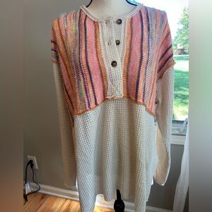 Davi & Dani cream waffle knit Oversized Henley top with a Southwest feel Medium